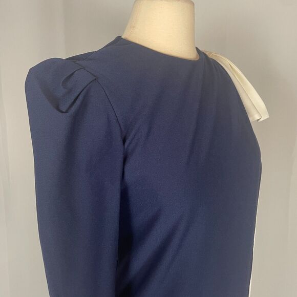 Vintage Dress Size 7 Navy Blue Bow Puff Sleeve Secretary Retro Preppy 70s 80s - Picture 7 of 16
